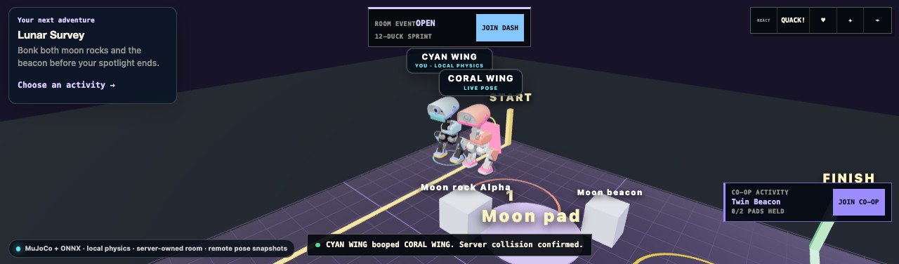 Two customized MicroDucks navigating the Moon Mess room with moon rocks and a beacon