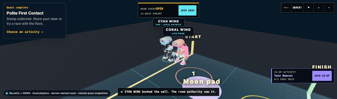 Lavender visor duck and coral cape duck together on the Neon Nest arena